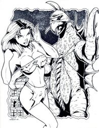 1girls 2005 attack_of_the_50_feet_woman black_and_white chikyuu_kougeki_meirei:_gojira_tai_gaigan_(1972) crossover garrett_blair giantess gigan godzilla_(series) kaiju loincloth nancy_archer source_request tagme toho torn_clothes underboob wooler_brothers