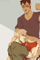 2boys attack_on_titan bertolt_hoover blonde_hair blush brown_hair bulge bulge_through_clothing captaingalaga clothing erection erection_pushing_underwear erection_under_clothes gay male male/male male_only pants_down penis_bulge precum red_underwear reiner_braun shingeki_no_kyojin tagme underwear yaoi