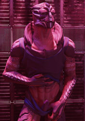 3d_(artwork) abs alien animal_genitalia bedroom_eyes blue_eyes bodily_fluids clothed clothing clothing_lift digital_media_(artwork) dripping erection genital_fluids genital_slit genitals hi_res kagekave looking_at_viewer male mass_effect muscular muscular_male narrowed_eyes partially_clothed penis precum precum_drip precum_string presenting presenting_penis seductive shirt shirt_lift sleeveless_shirt slit solo standing teeth topwear turian underwear underwear_down video_games