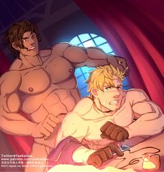 2boys abs anal bara blonde_hair collarbone completely_nude curran_(dragalia_lost) dark-skinned_male dark_skin dragalia_lost hair_grab highres interracial large_pectorals male_focus multiple_boys muscular muscular_male navel nipple_piercing nipple_rings nipples nude piercing ranzal reward_available sex short_hair stomach sweat tearing_up thighs yaoi yaosan233