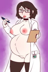 areolae balisk_oc barely_clothed black_hair breasts clipboard dani_(balisk) dani_(balisk)_(female) dani_(balisk)_(milf) doctor glasses looking_at_viewer pregnancy pregnant pregnant_belly pregnant_female pussy scientist short_hair siddopolis smile