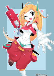 1girls blonde_hair canon_panties casual cave_story clothing curly's_panties curly_brace female firearm green_panties grey_skin gynoid handgun humanoid ikanomaru long_hair machine mob_face open_mouth panties pants_down robot robot_girl robot_joints solo underboob weapon wide_hips