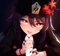 :p bangs black_headwear black_nails blush brown_hair commentary eye_contact eyebrows_visible_through_hair eyes_visible_through_hair female fingernails flower flower-shaped_pupils genshin_impact ghost ghost_penis hair_between_eyes hat hat_flower hu_tao_(genshin_impact) imminent_fellatio imminent_oral jewelry kerasu long_hair long_sleeves looking_at_viewer orange_eyes plum_blossoms ricegnat ring smile solo symbol_commentary tongue tongue_out upper_body