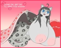 anthro areola bed bedding big_breasts blanket blush breasts felid feline female furniture genitals heart hi_res holidays huge_breasts hyper hyper_breasts looking_at_viewer mammal nipples nude pantherine pillow presenting presenting_pussy pussy snow_leopard solo valentine's_day wafflecat