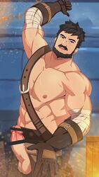 1boy abs bandaged_arm bandages bar_censor bara beard black_eyes black_hair blacksmith blush censored embers erection facial_hair genshin_impact highres large_pectorals leather looking_at_viewer male male_focus male_only mature_male mazjojo moustache muscular muscular_male navel nipples penis reward_available shirtless short_hair solo stomach wagner_(genshin_impact)