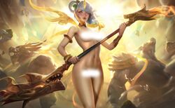 1girls blush bracelets breasts censored cropped_legs female female_focus hair_ornament holding_staff league_of_legends legs_together light_censor lipstick lunar_empress_lux luxanna_crownguard navel nude richtofen standing tagme white_hair