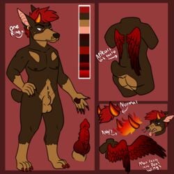 2019 5_fingers anthro canid canine canis dobermann domestic_dog ear_piercing ear_ring erection fingers genitals goldiescales hair male mammal model_sheet nude penis piercing pink_tongue pinscher red_hair red_wings solo tongue tongue_out wings