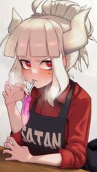 1girls blush clothed cum_in_condom drinking_cum drinking_from_condom female female_only gokkun helltaker hizake horns kashu_(hizake) lucifer_(helltaker) mole_under_eye pointy_ears red_eyes simple_background straw sweat sweatdrop used_condom white_background