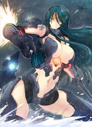 1girls armor bare_thighs belly_button big_breasts blue_hair breasts cleavage cyborg fighting_pose gipsy_danger haganef jeager long_hair mecha pacific_rim rain robotic robotic_arm tagme thigh_gap yellow_eyes