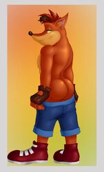 1boy activision anthro ass bandicoot blue_bottomwear blue_clothing blue_shorts border bottomwear brown_gloves butt_focus clothed clothing crash_(series) crash_bandicoot fingerless_gloves footwear fur gloves green_eyes grey_border handwear hi_res hunnipanda looking_back male male_only mammal marsupial mooning narrowed_eyes orange_body orange_fur outlines pants_down partially_clothed rear_view red_clothing red_footwear red_shoes shoes shorts solo standing video_games