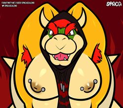 absurd_res anthro armpit_hair arms_up bara body_hair bowser breasts clothing digital_media_(artwork) hair hi_res horn koopa looking_at_viewer male male_only mammal mario_(series) muscular muscular_anthro muscular_male nintendo nipple_piercing nipples open_mouth piercing scalie simple_background solo spaca text url video_games