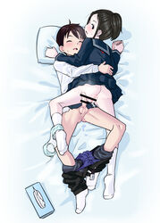 1boy after_sex ass black_hair black_serafuku blush closed_eyes clothed_sex clothes_pull cum cum_in_pussy female highres holding_hands kneehighs original panties panties_around_one_leg pants pants_pull penis ponytail pussy school_uniform serafuku straight sweat tissue_box underwear unmaker white_legwear