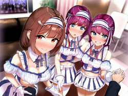 1boy 3girls aoi_tiduru blue_eyes blush blushing breast_grab brown_eyes brown_hair censored cleavage fffm_foursome foursome gloved_handjob gloves handjob holding_hands light-skinned_female light-skinned_male light_skin looking_at_viewer penis purple_hair thighhighs white_gloves