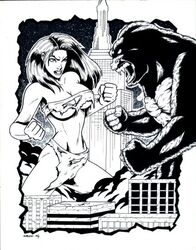 1girls ape attack_of_the_50_feet_woman big_breasts black_and_white breasts crossover empire_state_building fight garrett_blair giantess king_kong king_kong_(series) loincloth long_hair nancy_archer tagme torn_clothes underboob