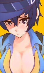 1girls atlus blue_eyes blue_hair cleavage female female_only hat huge_breasts human megami_tensei mouth_open n open_mouth persona persona_4 persona_4:_dancing_all_night shin_megami_tensei shirogane_naoto short_hair simple_background solo video_games