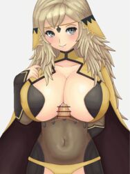 1girls big_breasts blonde_hair bodystocking cape censored cum cum_between_breasts fire_emblem fire_emblem_fates grey_eyes huge_breasts large_breasts light_blush long_hair nintendo nipple_bulge ophelia_(fire_emblem) paizuri panties roaamuje sideboob smile yellow_panties