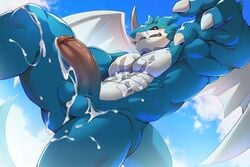 1boy anthro balls blue_skin blush cum cum_on_body cum_on_face cum_on_lower_body digimon erection exveemon furry looking_down low-angle_view male male_only muscular no_nipples nude open_eyes sollyz solo wings