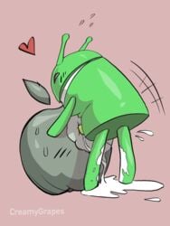 1boy android android_(os) apple apple_inc. bodily_fluids bugdroid company creamygrapes cum food fruit genital_fluids genitals heart hi_res humor logo machine male mascot meme not_furry oral penetration penis plant robot sex simple_background