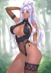 cleavage damegane dark-skinned_female dark_elf dark_skin elf forest long_hair looking_at_viewer nature navel original pointy_ears purple_hair smile solo thighhighs yellow_eyes