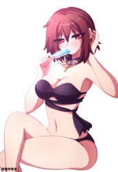 aged_up alternate_version_available artist_name bathing_suit bikini bikini_top brown_hair collar female female_frisk female_only frisk large_breasts midriff nuvex popsicle red_eyes short_hair solo solo_female spiked_collar suggestive_food thighs underfell undertale undertale_au white_background