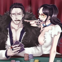 1girls artist_request black_hair breasts broad_shoulders cigar cigar_in_mouth cleavage clothed clothing collarbone crocodile dark_hair dress eyewear female frills fur-trimmed_coat fur_coat fur_trim gambling green_eyes jewelry long_hair looking_at_another looking_down male necklace nico_robin one_piece one_piece_film_gold open_clothes open_shirt orange-tinted_eyewear pecs playing_card poker poker_chip poker_table ponytail ring rings round_glasses scar scar_across_face single_earring sir_crocodile smile smoking sunglasses tagme tinted_eyewear unbuttoned_shirt white_clothing yellow-tinted_eyewear