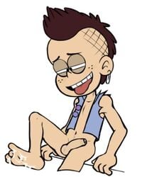 1boy balls barefoot barely_clothed brown_hair cum cum_on_feet cum_on_toes dipper feet freckles half-closed_eyes luke_loud male male_only mohawk penis rule_63 soles solo solo_focus solo_male the_loud_house toes tongue tongue_out