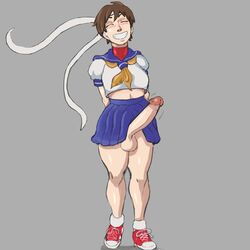 1futa athletic athletic_futa balls balls_under_clothes bandana bare_legs bare_midriff big_penis blushing bottomless_skirt breasts brown_hair capcom casual closed_eyes clothed clothing dickgirl erect_penis erection erection_under_clothes erection_under_skirt female footwear full_body futa_only futanari going_commando handwear human intersex jumbogumbo long_penis miniskirt mostly_clothed navel pale_skin penis penis_out penis_under_clothes penis_under_skirt sakura_kasugano school_uniform schoolgirl short_hair skirt skirt_lift smile smiling sneakers solo standing street_fighter testicles tomboy wide_hips