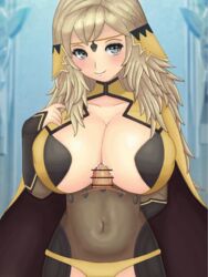 1girls alternate_breast_size big_breasts blonde_hair bodystocking breasts cape censored cum cum_between_breasts ejaculation ejaculation_between_breasts fire_emblem fire_emblem_fates grey_eyes huge_breasts large_breasts light_blush long_hair nintendo nipple_bulge ophelia_(fire_emblem) paizuri panties roaamuje sideboob smile straight yellow_panties