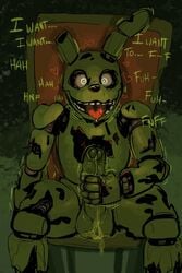 1boy 2021 4_fingers animatronic anthro artist_request balls big_penis black_nose cum cum_in_balls cum_in_hands english_text fapping five_nights_at_freddy's five_nights_at_freddy's_3 fur gay grabbing_penis green_body green_fur heart hi_res long_penis looking_at_viewer machine male_only open_mouth penis rabbit rabbit_ears robot sitting sitting_on_chair smile solo solo_male springtrap springtrap_(fnaf) teeth text tongue tongue_out