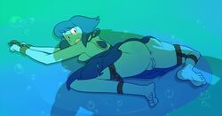 2girls alternate_breast_size anus ass bare_shoulders barefoot blue_clothing blue_hair blue_skin bound bound_legs bound_wrists breasts bubbles cartoon_network clenched_teeth crop_top female_focus from_behind imminent_rape imminent_sex jasper_(steven_universe) lapis_lazuli_(steven_universe) legs_spread looking_back lying multiple_girls offscreen_character on_stomach pussy r-fenrir silhouette skindentation skirt steven_universe underwater upskirt vagina water worried