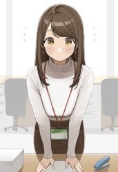 big_breasts blush brown_hair id_card lanyard office office_lady ol-chan_(ol_mahonanoka) ol_mahonanoka sweater turtleneck