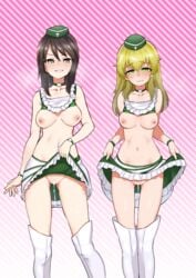 2girls absurdres aomushi_(mushamusha) bare_shoulders blonde_hair blush boots breasts brown_eyes brown_hair carpaccio closed_mouth collarbone embarrassed eyebrows_visible_through_hair girls_und_panzer green_eyes green_headwear hat highres lifted_by_self long_hair looking_at_viewer medium_breasts mika_(girls_und_panzer) multiple_girls navel nipples no_bra no_panties parted_lips pussy race_queen shiny shiny_hair shirt_lift simple_background skirt skirt_lift smile striped striped_background thigh_boots thighhighs white_legwear