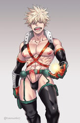 1boy abs alternate_version_available blonde_hair garter_belt hero_outfit_(mha) katsuki_bakugou male male_focus male_only muscular muscular_male my_hero_academia nipples open_mouth pecs penis penis_out solo solo_male thick_thighs tsaosu0607 vein veiny_penis