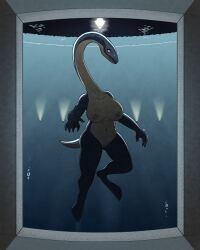 2022 anthro arttukorppu breasts dinosaur female genitals hi_res looking_at_viewer marine nipples nude pussy reptile scalie solo swimming thalassomedon underwater water