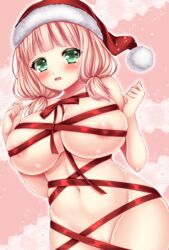 areola_slip areolae asazuki_kanai bang_dream! bow breasts collarbone cowboy_shot female fur-trimmed_headwear green_eyes hat highres large_breasts looking_at_viewer low_twintails naked_ribbon navel nipple_slip nipples open_mouth pink_background pink_hair red_ribbon ribbon santa_hat shiny shiny_skin skindentation solo stomach twintails uehara_himari