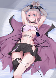 2girls abs black_skirt blush bondage bra_lift cape chiyoda_momo demon_girl green_eyes jw14658431 machikado_mazoku magical_girl medium_breasts multiple_girls offscreen_character pink_hair scar sweat tail tail_around_leg tail_around_waist tail_bondage tail_wrap thighhighs thighs torn_clothes torn_clothing torn_skirt yoshida_yuuko_(machikado_mazoku) yuri