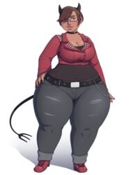 1girls belt big_ass big_hips big_thighs chubby cleavage fat_ass hand_on_hip horns huge_ass huge_thighs hyper hyper_ass jacket jeans pants sharp_teeth smile sugarbugtrash tail thick_thighs tight_clothing tight_jeans tight_pants wide_hips