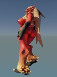 2021 3d_(artwork) anthro ass avian beak bird blaziken blender_(software) blonde_hair blue_eyes breasts catsockjus digital_media_(artwork) feathers female hair hi_res looking_at_viewer looking_back nintendo pokemon pokemon_(species) red_body simple_background solo standing thick_thighs tongue tongue_out video_games