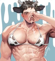 1boy abs animal_ears animal_print bara black_hair blush bra chinese_zodiac cow_boy cow_ears cow_horns cow_print crossdressing cum cum_on_body cum_on_pectorals facial horns implied_yaoi large_pectorals looking_at_viewer male male_cleavage male_focus muscular muscular_male navel original pectoral_focus pectorals print_bra short_hair sidepec solo ssong-ga stomach suggestive_fluid underwear upper_body year_of_the_ox