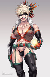 1boy abs alternate_version_available black_thong blonde_hair blonde_pubic_hair garter_belt hero_outfit_(mha) katsuki_bakugou male male_only mask masked muscular muscular_male my_hero_academia nipples open_mouth pecs pubes pubic_hair see-through see-through_clothing solo solo_focus solo_male thick_thighs tsaosu0607