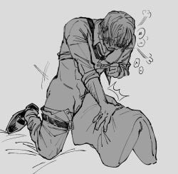 1boy 1male 1males 1man 1men 2d 2d_(artwork) 2d_artwork arm_hair bed blush blush_lines blushing facial_hair grayscale happy_trail humping humping_pillow kneeling looking_down male male_only motion_lines on_bed on_knees one_piece pillow pubic_hair sanji sanji_(one_piece) short_hair sinkurteeth solo solo_focus solo_male tagme vinsmoke_sanji