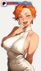 1girls 2026 ai_generated artist_name aurore_cassel bare_shoulders blush breasts bust chest covered_nipples cyberpunk_2077 earrings electroworld female gradient gradient_background hi_res high_quality high_resolution highres jewelry looking_at_viewer mole naughty_face open_mouth orange_hair patreon patreon_username piercing ribbed_sweater short_hair sideboob solo stable_diffusion sweater tongue tongue_out watermark