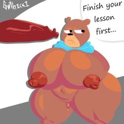1:1 2026 anthro bear big_nipples black_nose blue_scarf bodily_fluids brown_body brown_fur dialogue digital_drawing_(artwork) digital_media_(artwork) duo duolingo english_description english_text falstaff_(duolingo) fur g0th1cc1 genital_fluids genitals hi_res humanoid_genitalia humanoid_penis imminent_sex intersex leaking_precum looking_aside male mammal micropenis moobs mostly_nude mostly_offscreen_character mouth_closed navel nipples overweight overweight_anthro overweight_male penis penis_size_difference precum scarf scarf_only small_penis speech_bubble text thick_thighs