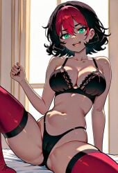 ai_generated bedroom bikini black_hair black_lace_trim black_trim bounce bouncing_breasts bra brown_skin civitai cookiasncream curly_hair cyan_eyes dark-skinned_female dark_skin female green_eyes kaybur_(series) kneeling kneeling_female la_gran_guerra_(series) lingerie lingerie_only looking_at_viewer night only_female pov rain red_lingerie short_hair smiling smiling_at_viewer sofia_eska-y stockings string_panties tagme thin thin_female video