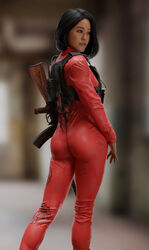 1girls 3d activision asian ass black_hair bodysuit brown_eyes butt call_of_duty dat_ass dominique_tam domino_(cod) emberstock european female female_only freckles french medium_hair modern_warfare petite shiny solo weapon