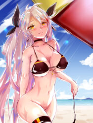 1girls absurdres alternate_costume anchor_symbol antenna_hair arm_behind_back azur_lane bangs bare_arms beach bikini bikini_bottom bikini_bottom_removed bikini_removed black_bikini black_choker black_ribbon blue_sky blush bottomless breasts choker cleavage closed_mouth cloud collarbone cross cross_earrings earrings exhibitionism eyebrows_visible_through_hair eyelashes eyes_visible_through_hair female female_only floating_hair gloves grey_background hair_between_eyes hair_ribbon half-closed_eyes head_tilt highres holding_bikini_bottom jewelry large_breasts long_hair looking_at_viewer mole mole_on_breast multicolored_hair navel ocean outdoors parted_lips platinum_blonde_hair prinz_eugen_(azur_lane) red_hair ribbon sand seductive_smile shiny_skin side-tie_bikini sideboob silver_hair skindentation sky smile solo standing stomach streaked_hair sunlight swimsuit thigh_strap two_side_up umbrella underboob val_(escc4347) very_long_hair walking water wet_hair white_hair yellow_eyes