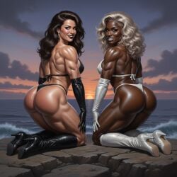 2girls ai_generated ass ass_focus bikini black_female black_hair black_latex black_lipstick blond_hair blonde boots brown_eyes cliff come_hither dark-skinned_female earrings female_only g-string glitter gloves happy heel_boots interracial kneeling latex latex_bikini latex_boots latex_gloves light-skinned_female long_hair looking_back_at_viewer mascara muscular muscular_female noirette oc oiled oiled_body oiled_skin opera_gloves original_character pierced_ears piercings realistic seaside sunset wavy_hair white_female white_latex white_lipstick