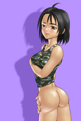 akira_kazama ass black_eyes black_hair blush breasts capcom clothing female juan_gotoh legs_together lipstick love medium_breasts nipples rival_schools short_hair solo