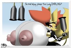 absurd_res animal_print anthro areola breasts collar cow_print cowbell delphox delphyarts english_text eyelashes eyeshadow female fur generation_6_pokemon grey_body grey_fur hair hi_res machine makeup milking_machine nintendo nipples open_mouth orange_hair pink_areola pink_nipples pokemon pokemon_(species) red_eyes solo tail text white_body white_fur yellow_body yellow_fur