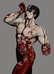 1boy abs amputee berserk black_hair blood blood_on_face blood_puddle blood_stain chest guro guts_(berserk) male male_only male_ryona muscle muscular nude pecs scars sexually_suggestive solo